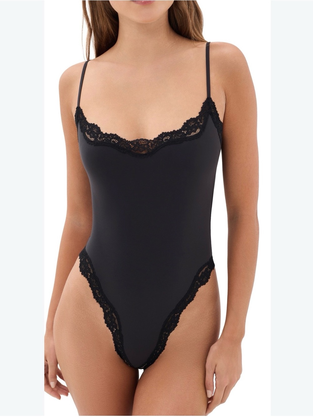 SKIMS Black Lace-Trim Stretch Bodysuit